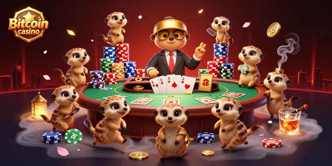 Les suricates gèrent un casino Bitcoin, avec des jeux de cartes, des jetons colorés et une atmosphère festive.
