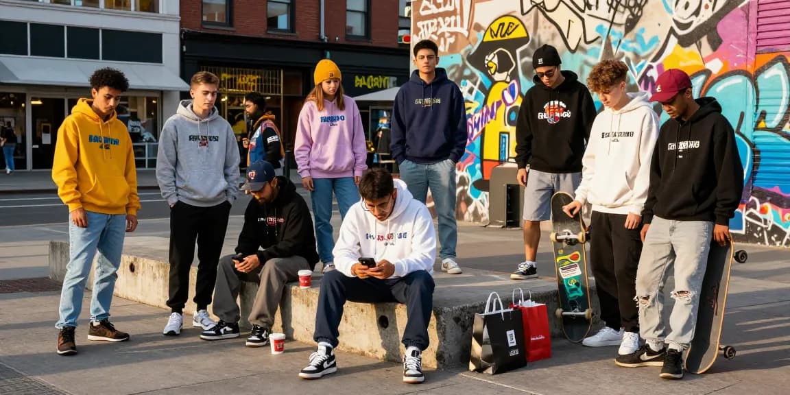 Stylish group wearing essentials hoodies in urban setting, showcasing vibrant streetwear culture