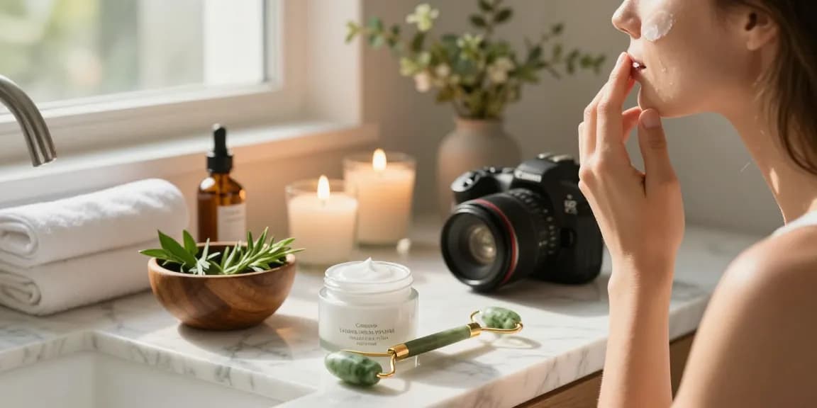 Woman applying Vitamin Rich Facial Balm in a serene bathroom filled with natural beauty products and warm sunlight.