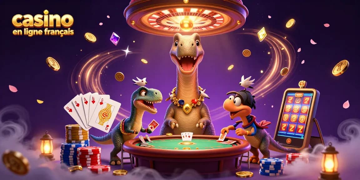 Illustration dynamique d'un casino en ligne français avec un dinosaure et des éléments de jeu.