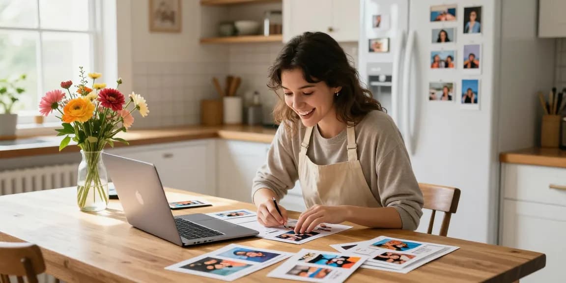 Creating personalized photo magnets at a beautifully decorated kitchen table.