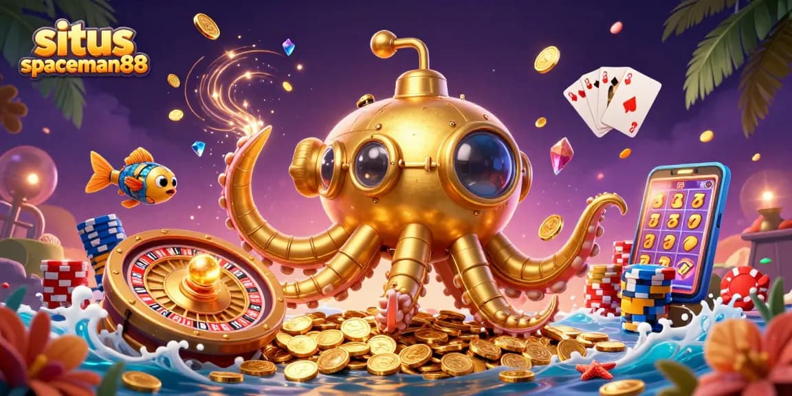 Experience excitement with situs spaceman88, featuring a golden kraken and vibrant casino elements.