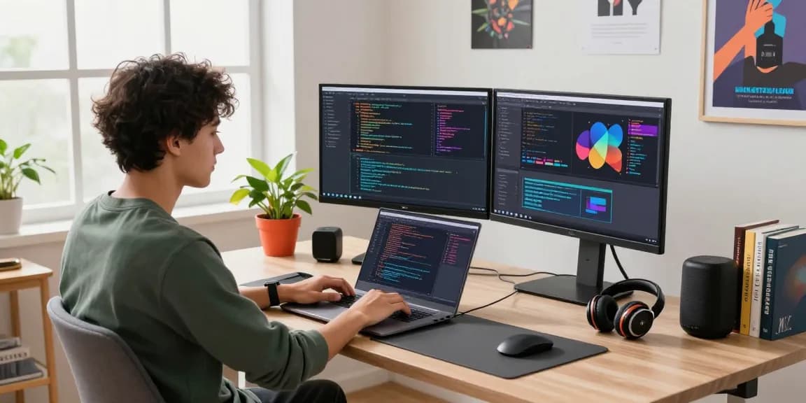 Innovative workspace showcasing a developer coding for 纸飞机中文版 with vibrant visuals and modern tech.