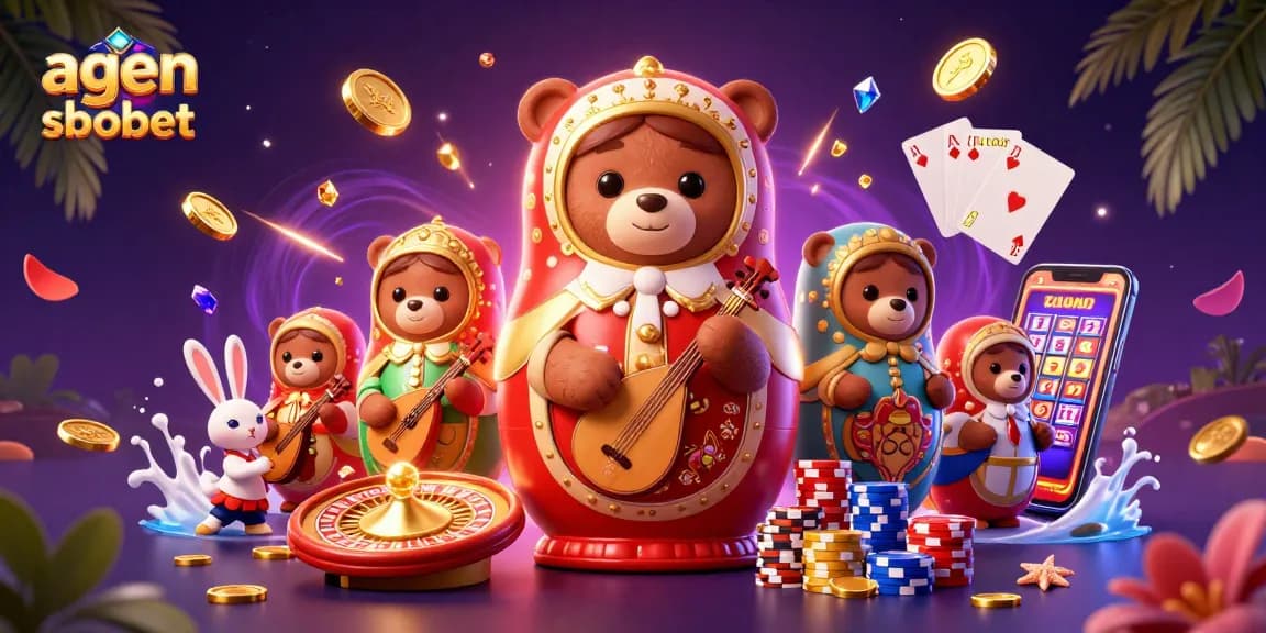 Engage with agen sbobet in a vibrant casino atmosphere featuring whimsical characters and classic gaming elements.