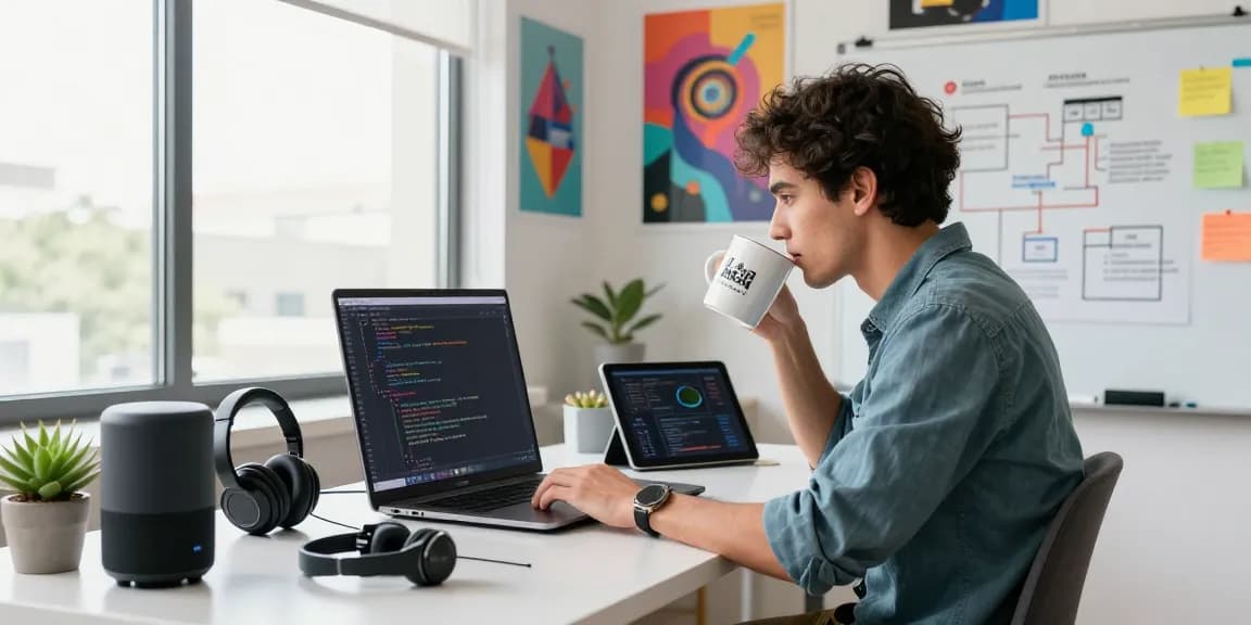 Dynamic workspace at telegraimin.com showcasing coding, technology, and creativity in a modern office environment.