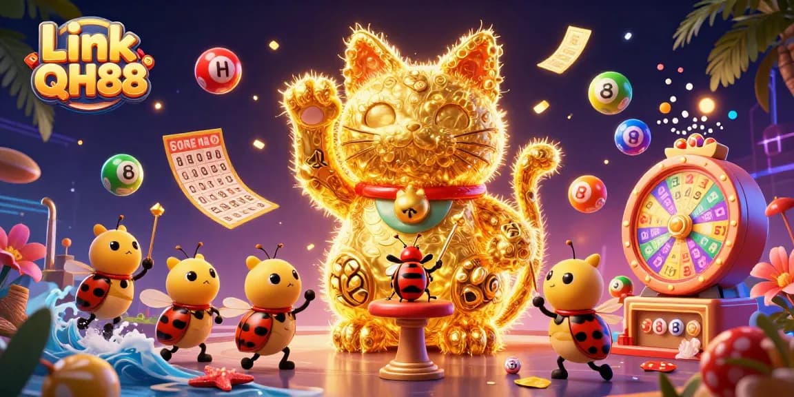 Experience thrilling wins with Link QH88 as golden fireflies create a lucky cat in this vibrant casino scene.