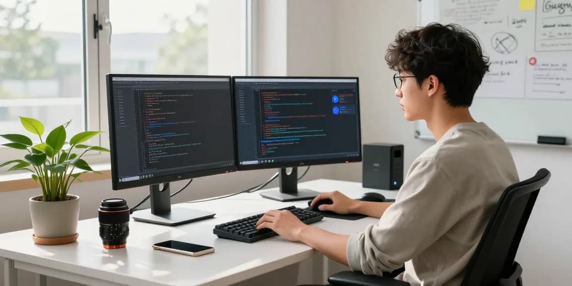 快连 VPN connection in a modern tech workspace with code on screens and bright natural light.