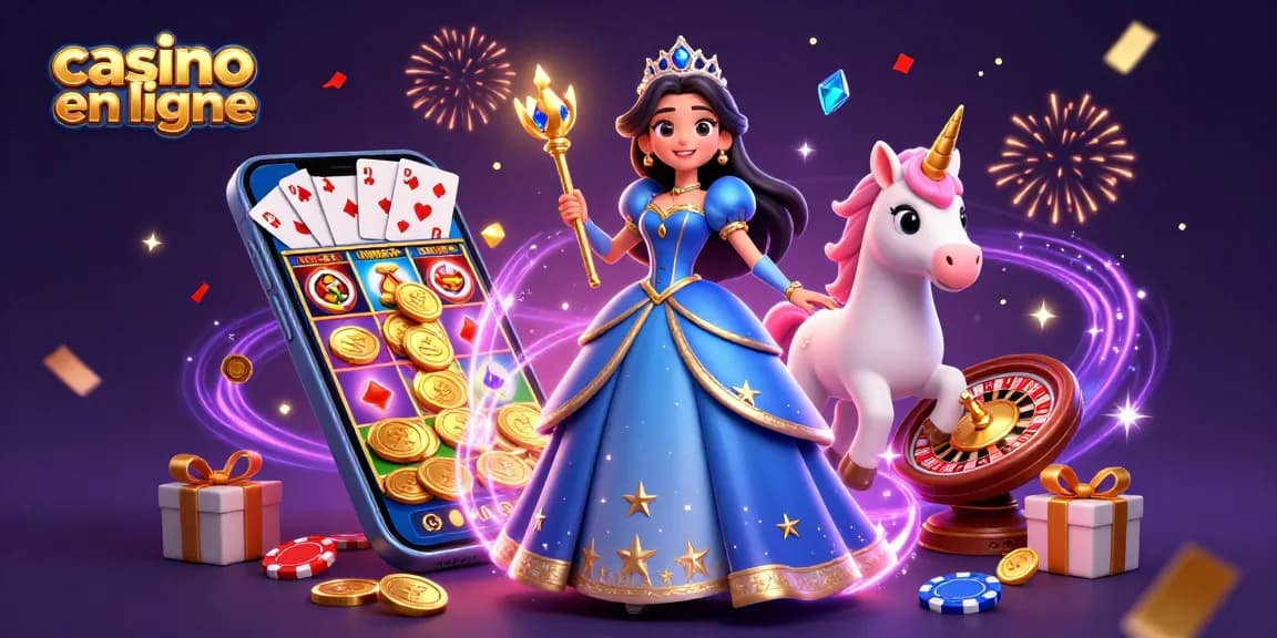 Engage in casino en ligne with a dazzling scene of a royal-themed woman and unicorn among vibrant gaming elements.
