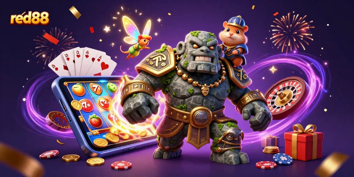 Engage with red88's thrilling slots featuring a magical scene with golem, fairy, and hamster knight