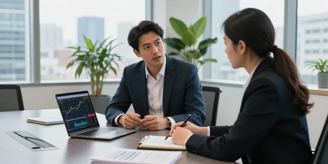 Nathan Garries advising a client on investment strategies in a modern office.