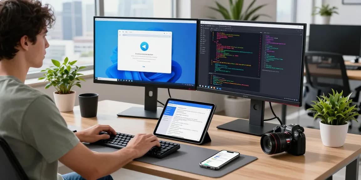 Developer using 纸飞机中文版 app in a modern workspace with advanced tech setup.
