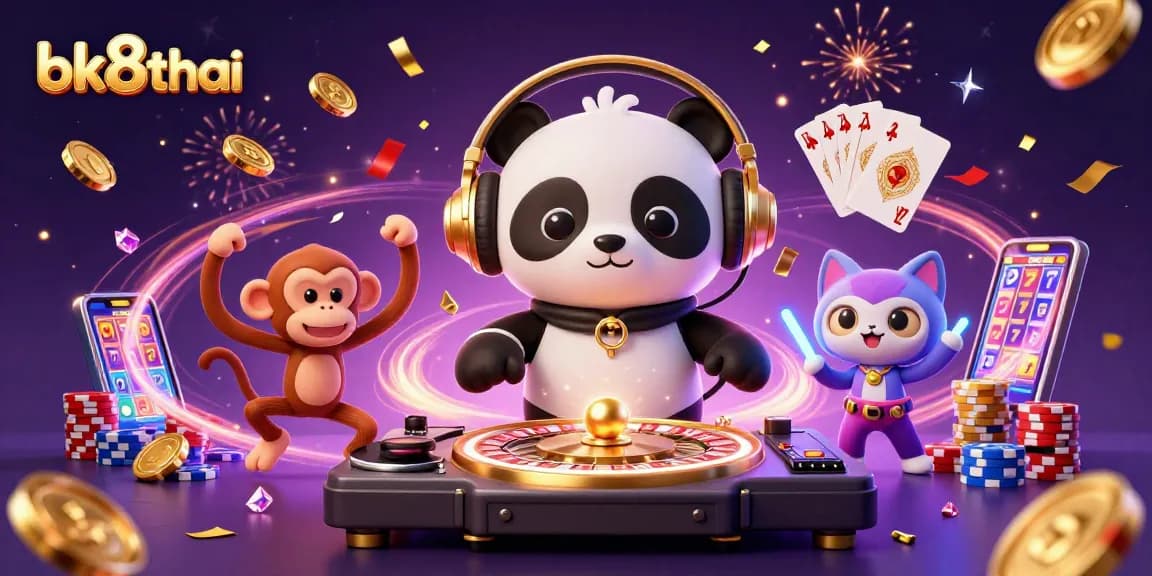 Experience vibrant gaming with bk8thai showcasing a DJ panda and lively characters in an exciting casino scene.