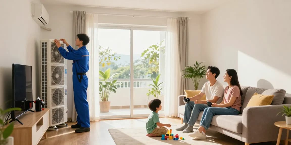AC Service Near Me technician fixing home air conditioning system while a family enjoys their day in a cozy living room.