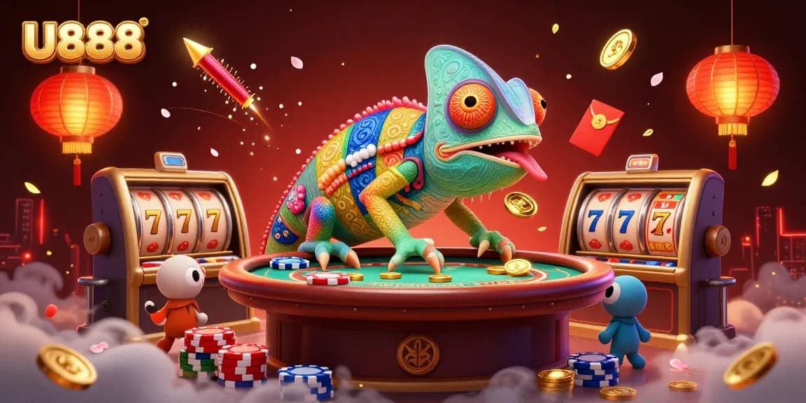 Spin to win with U888 in this lively 3D illustration of casino excitement featuring slot games and vibrant elements.
