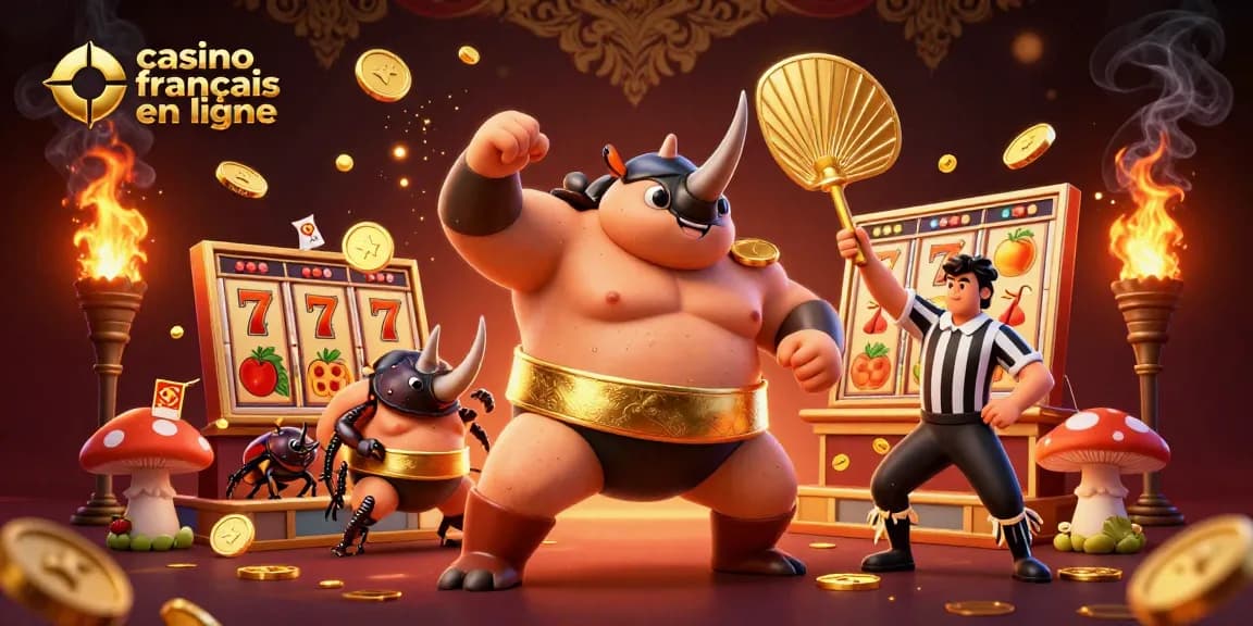 Casino en ligne français : le héros scarabée sumo s'impose dans une scène de jackpot dynamique.