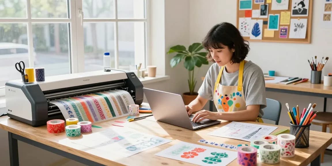 Artisan designing custom washi tape in vibrant craft studio with colorful patterns.