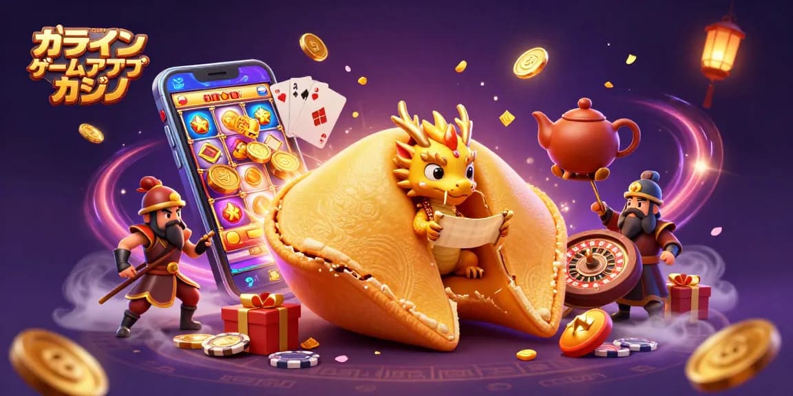オンラインゲームアプリカジノの魅力的な3Dイラストで、スロットゲームの要素が豊富に描かれています。