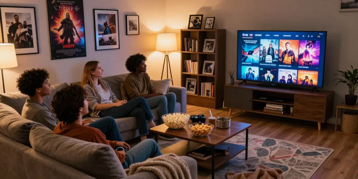 Friends enjoying a movie night at home, selecting films on https://www.bolly4uorg.in with snacks and cozy atmosphere.