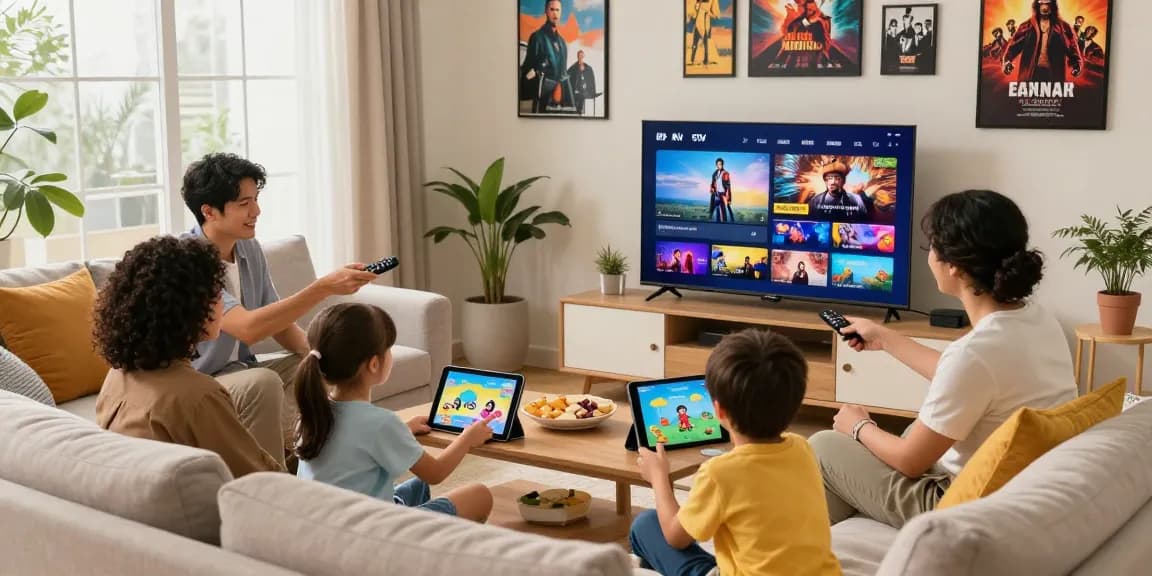 Family enjoying IPTV streaming in a cozy living room with a smart TV.