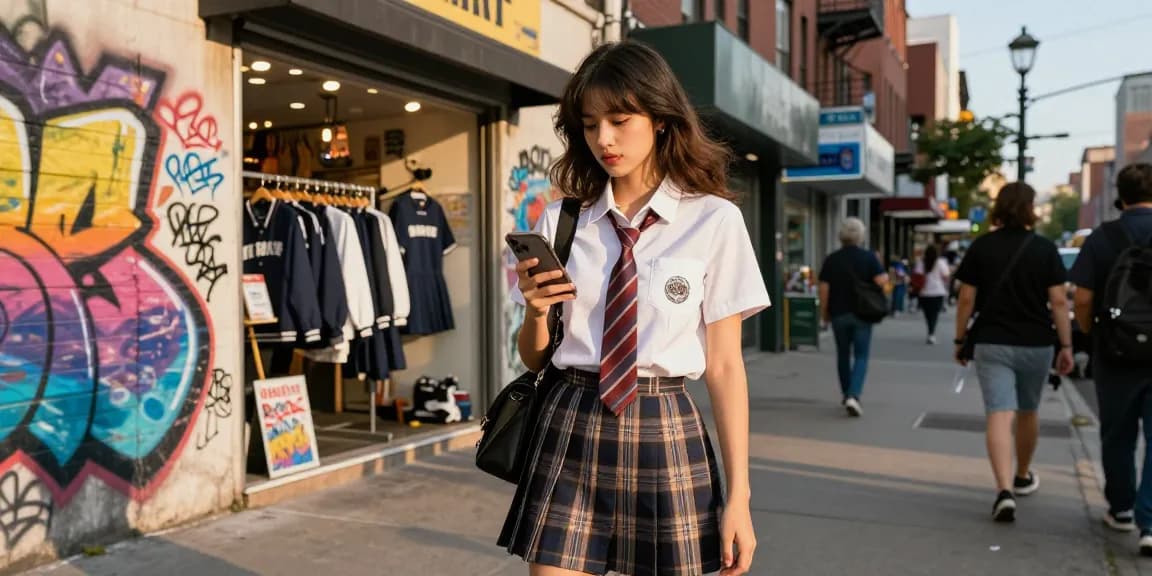 制服買取ラミパスの口コミを確認するおしゃれな女性の姿が街中に映えるシーン