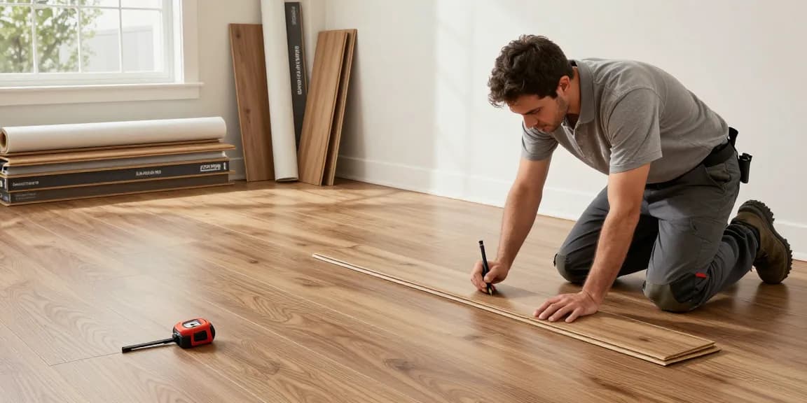 Installer using flooring software to measure and lay vinyl planks in a modern workspace