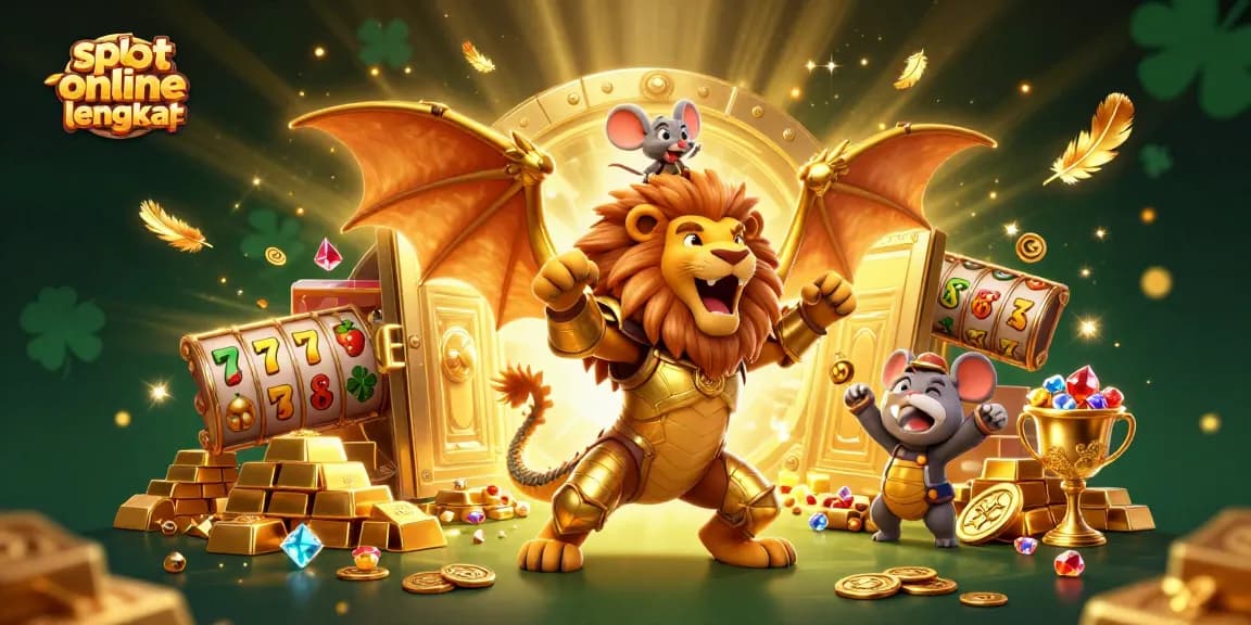 Spin to win with slot online lengkap featuring an armored chimera and abundant treasures in 3D illustration.