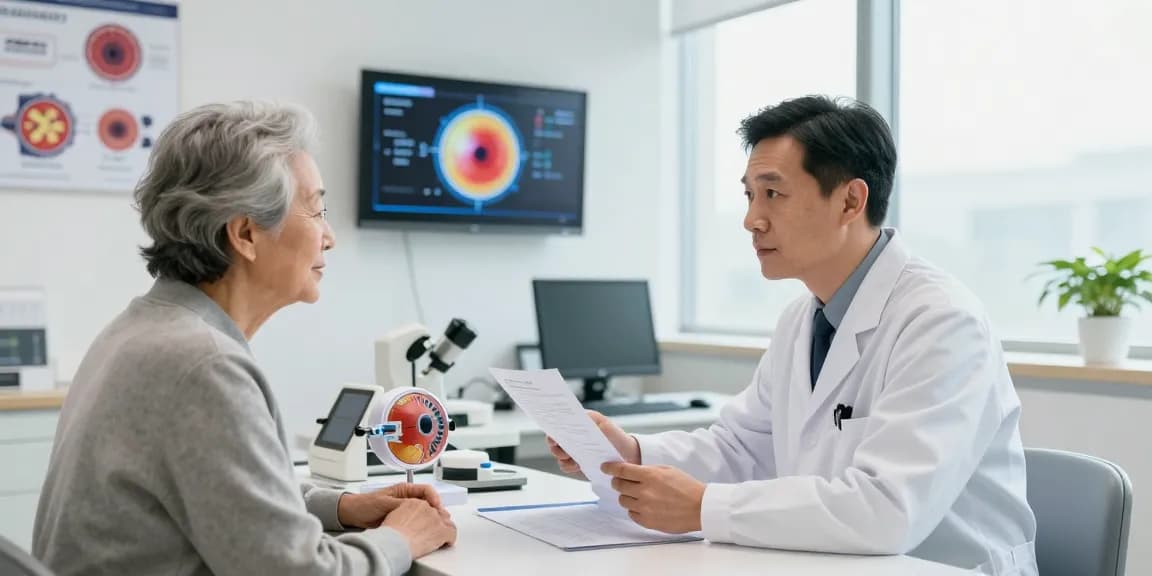 Glaucoma awareness consultation between ophthalmologist and patient in a bright healthcare setting.