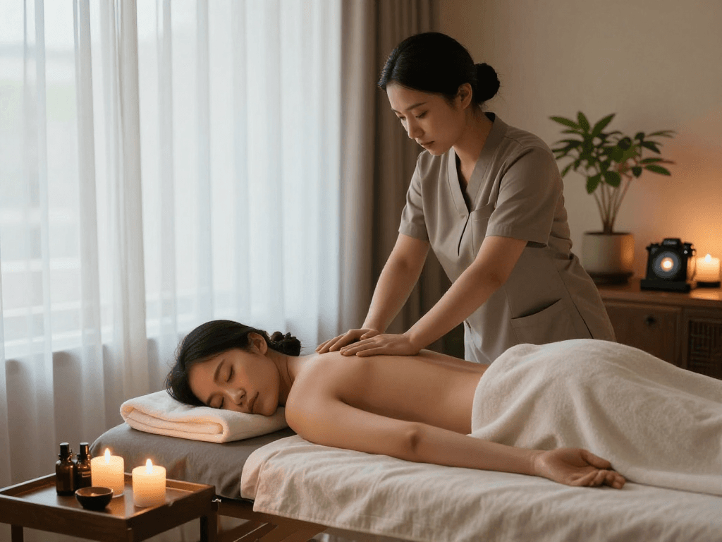 Experiencing a tranquil 출장안마 in a serene hotel setting with essential oils.