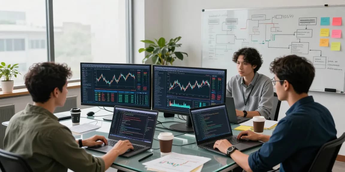 CME exchange futures data feed visualizations in a dynamic tech workspace with developers collaborating.