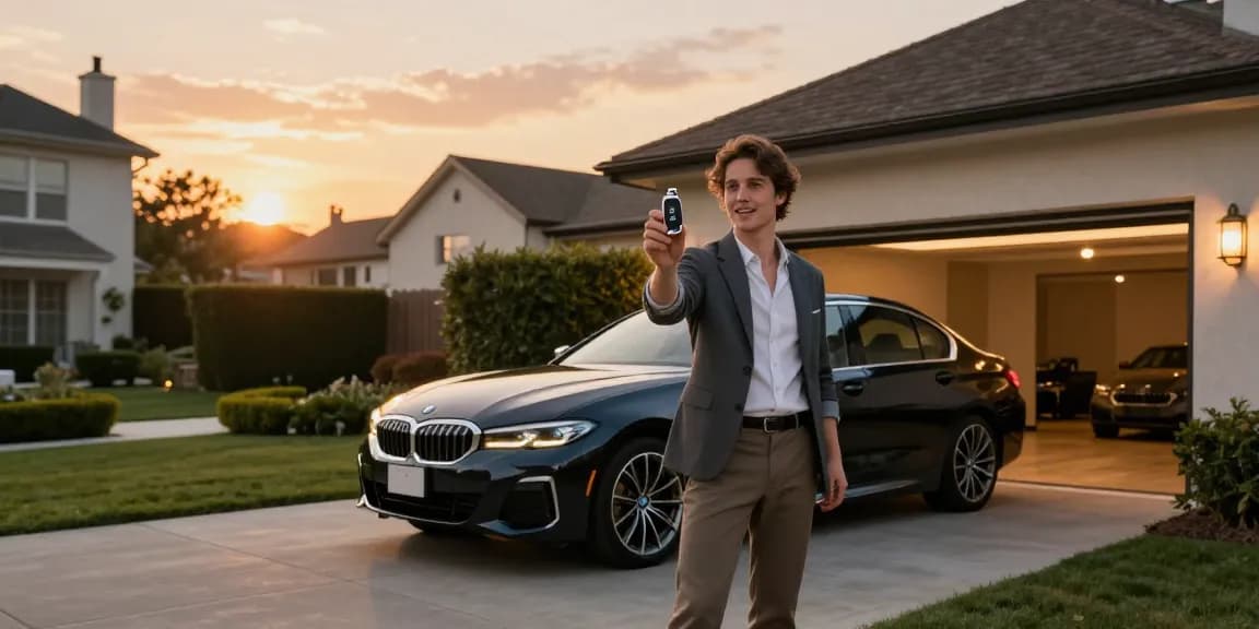 BMW key fob held by owner next to elegant BMW vehicle in beautiful sunset.