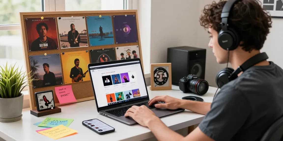 Dynamic digital music sales workspace showcasing an artist engaged in the music industry.