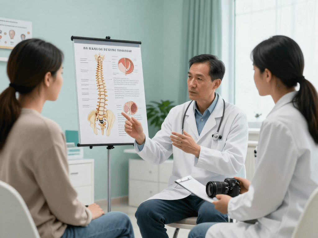 Consultation about dar kanal ameliyatı with neurosurgeon, highlighting treatment options and patient comfort.