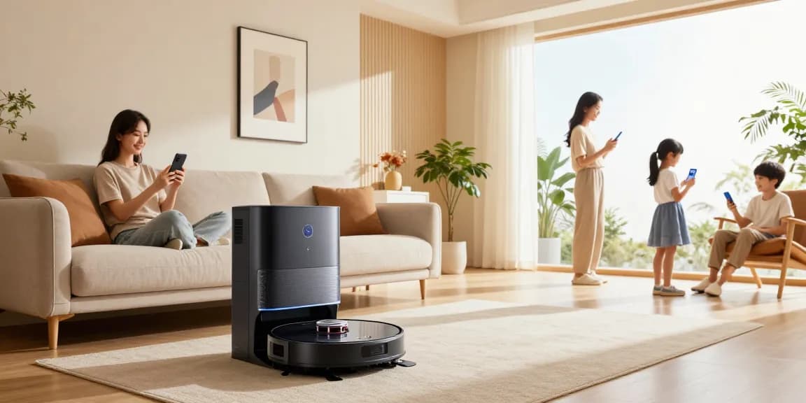 robot vacuum 2026 operating in a stylish living room, showcasing modern home automation convenience.
