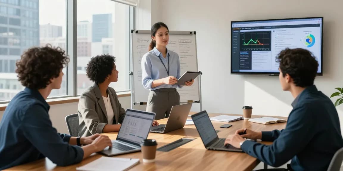 Team collaboration at https://raja328.com/ with laptops and presentations in a bright office