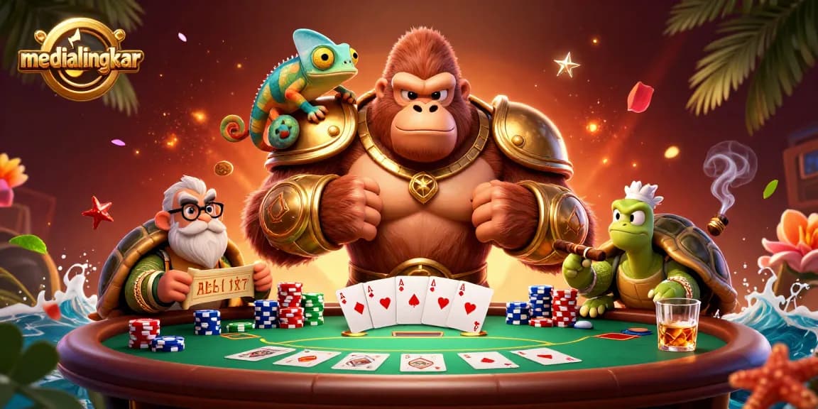 Experience excitement at medialingkar's vibrant casino scene featuring a powerful gorilla king, poker elements, and thrilling gameplay.