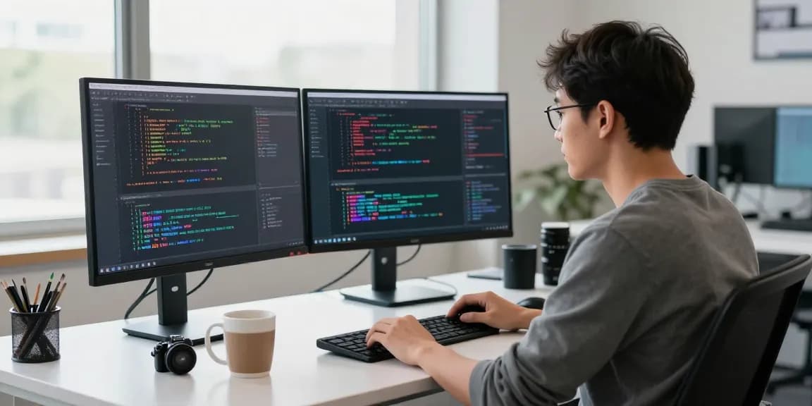 Spicy AI developer coding algorithms in a vibrant tech workspace