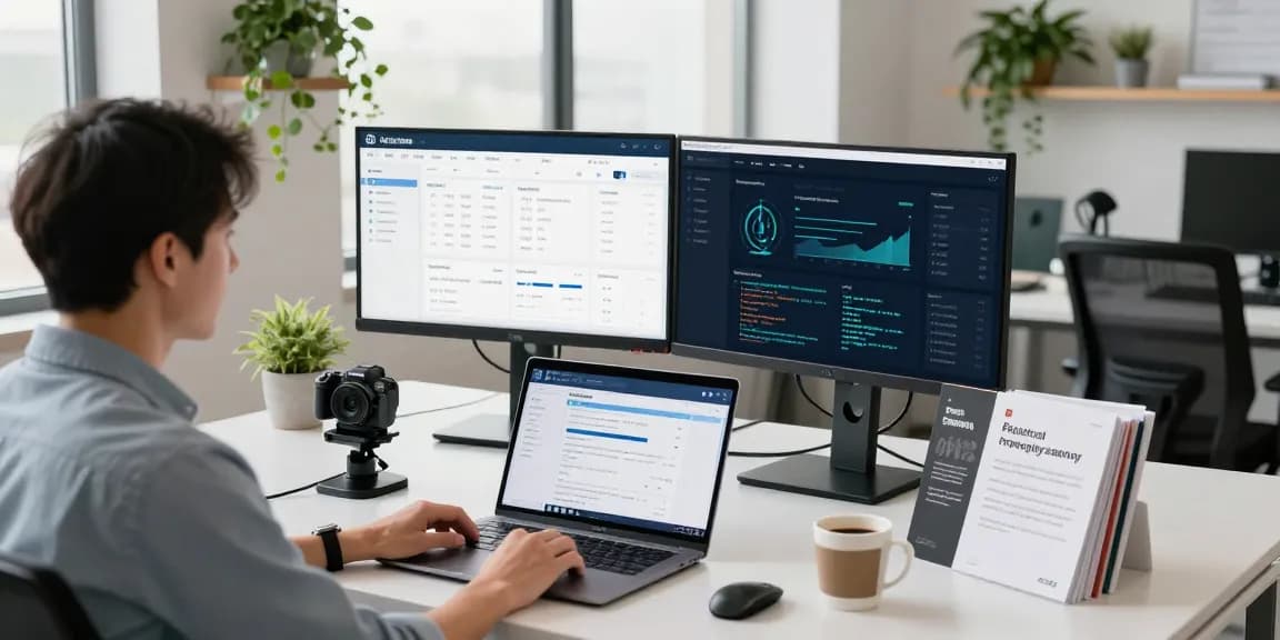Age verification system setup with professional analyzing data on dual monitors in a modern office