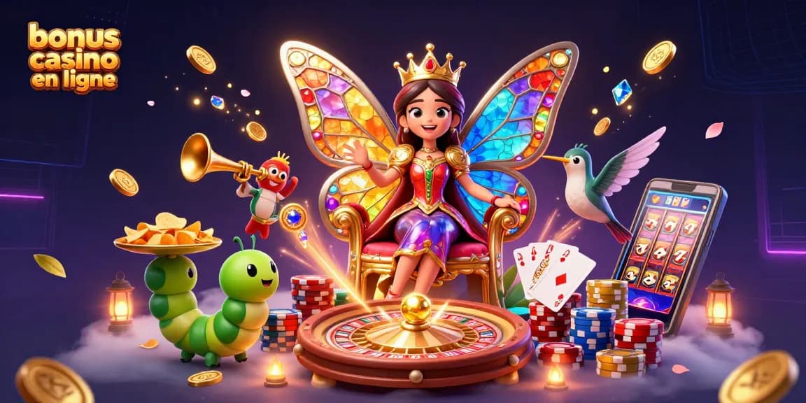 Profitez des bonus casino en ligne avec des personnages colorés et éléments de jeu captivants.
