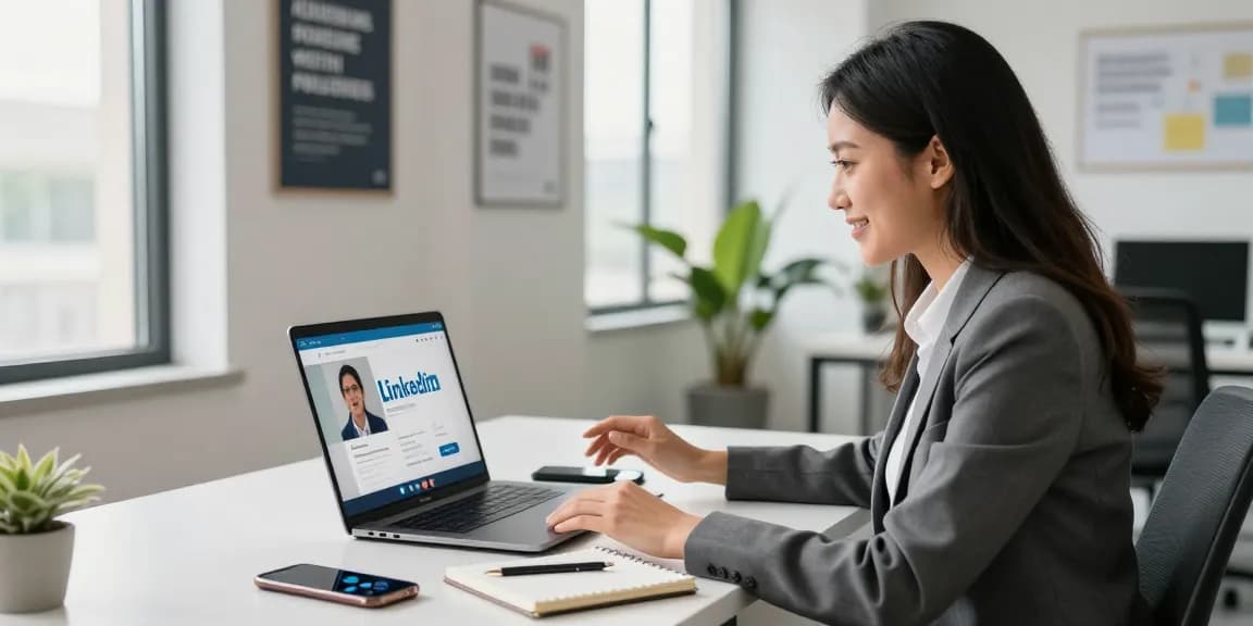 Engaging in a video call while discussing how to buy linkedin followers, showcasing professionalism in a modern office.