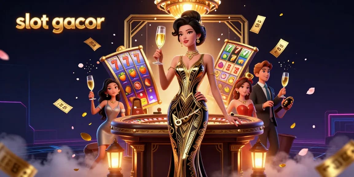 Experience the excitement of slot gacor with spinning slot reels and dynamic jackpot effects in a glamorous casino scene.