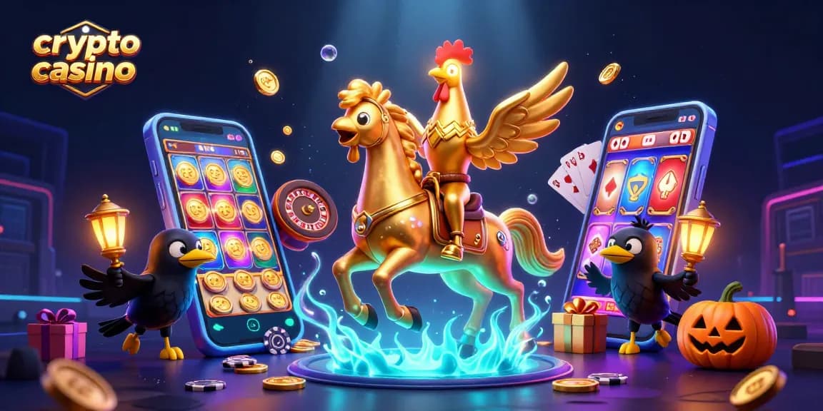 Jouez sur un crypto casino excitant avec des pièces d'or et des jeux variés, le tout dans une ambiance nocturne.