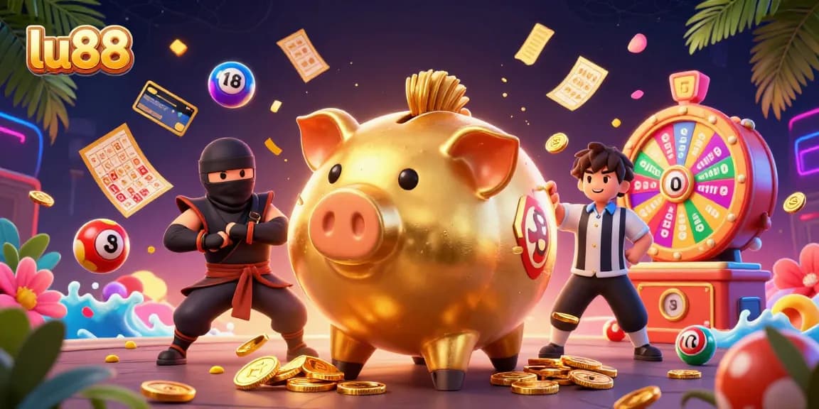lu88 players winning big in a dynamic casino scene featuring exciting lottery elements and vibrant illustrations