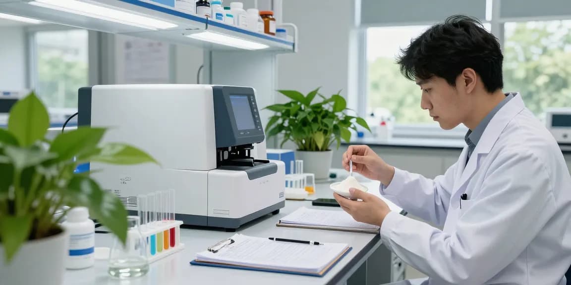Indole-3-carbinol powder analysis in a modern lab with research materials.