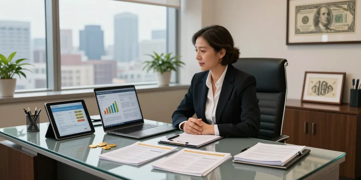 Financial advisor comparing gold IRAs in modern office setting.