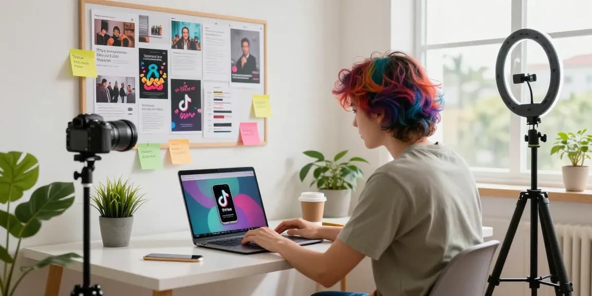 How to buy tiktok views - Creative TikTok content creator in a vibrant home office.