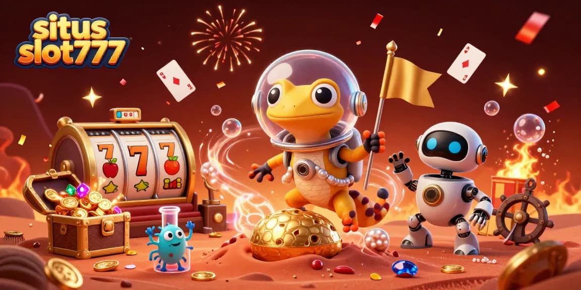 situs slot777 showcases unique casino elements with vibrant 3D illustration of a gecko discovering a casino on Mars.