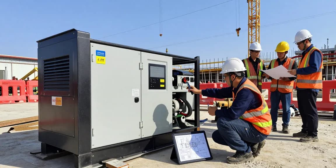 Skilled technician working on industrial generator solutions at a construction site with machinery and diagrams