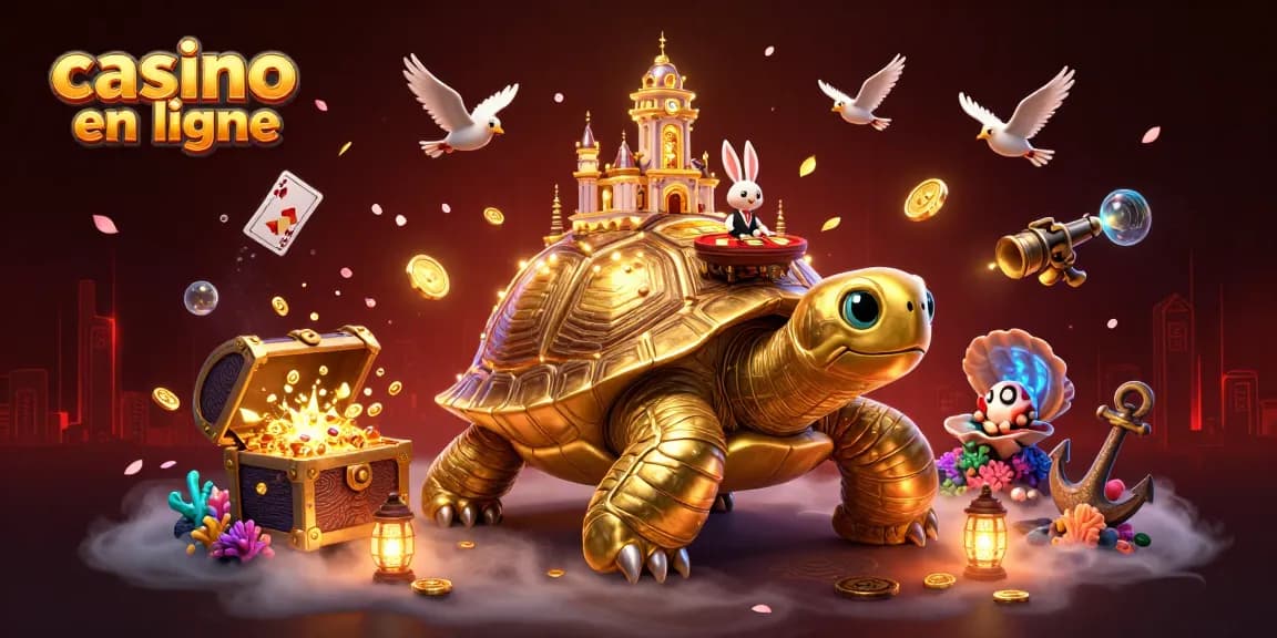 Profitez du casino en ligne avec une tortue dorée géante et un croupier sur une table de jeux.