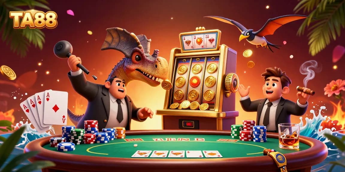 TA88 featuring a dinosaur headbutting a golden slot machine amidst flying gold coins.