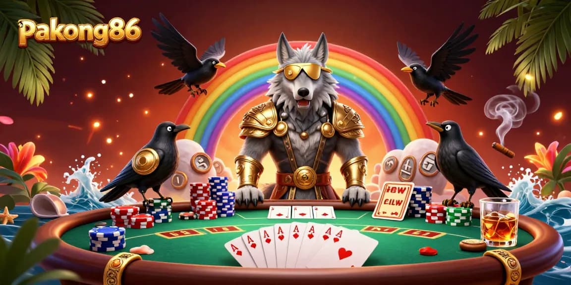 Experience thrilling poker action with pakong86 amidst a vibrant, mythological casino-themed scene.